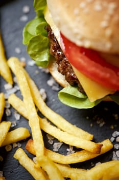 delicious cheeseburger surrounded by french fries on a black table