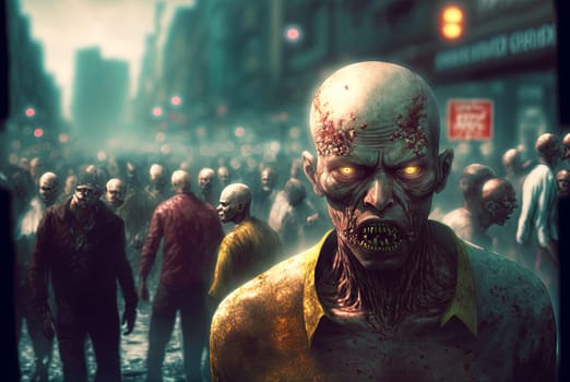 Zombies with scary faces in the crowd during the zombie apocalypse. Horror theme for Halloween or game party ad. Generated AI