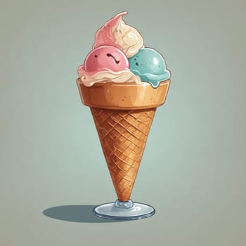Three pastel scoops of frozen delight crowned with a cherry offer a playful twist on the classic ice cream cone.