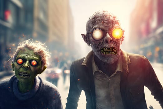 Funny zombie characters walking down the street. Monsters with shiny eyes, spooky and funny. Generated AI