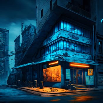 Cyberpunk styled cafe on the street corner with neon lights. Futuristic fast food restaurant with fake neon signs. Generative AI