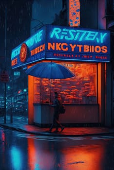 Cyberpunk styled cafe on the street corner with neon lights. Futuristic fast food restaurant with fake neon signs. Generative AI