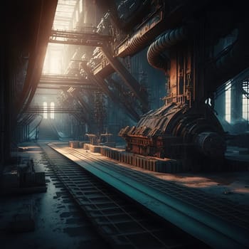 Abandoned industrial interior with old rusty machines. Creepy and dirty technology background. Generative AI illustration