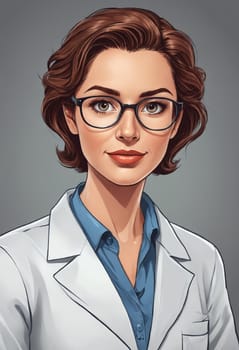 Captivating digital art showcasing a person with curled brown hair in professional white coat attire against a grey backdrop.