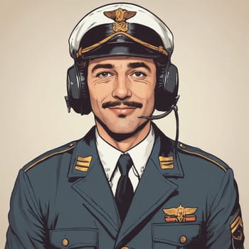 Elegant airline pilot depicted with communication headphones, attired for duty.