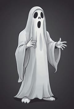 Playful yet scared ghost cartoon with a strong contrast against a dark background.