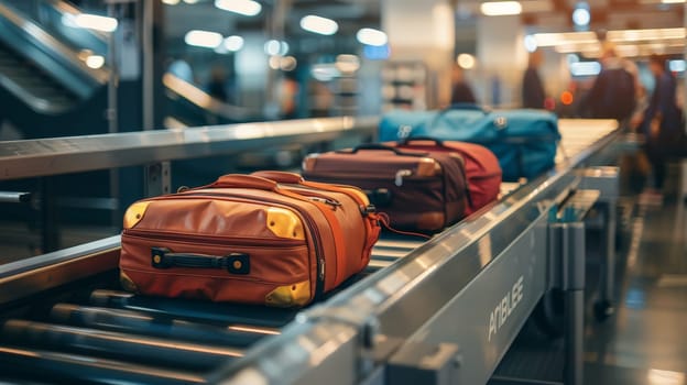 Luggage on a conveyor belt at airport baggage claim, Generative AI.