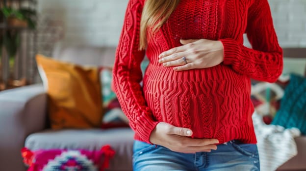 A pregnant woman in red sweater holding her stomach