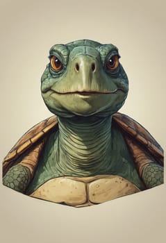 An anthropomorphic tortoise offers a contemplative look, blending animal and human traits.