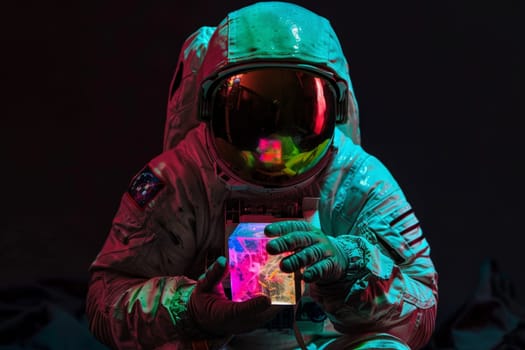 An astronaut holding a cubic artifact, Pop art concept, Generative AI.