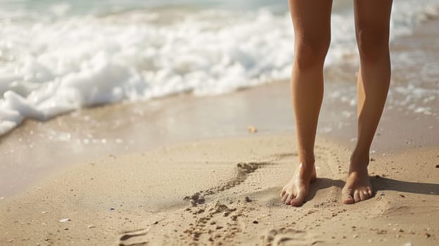 A woman's legs are standing on a sandy beach