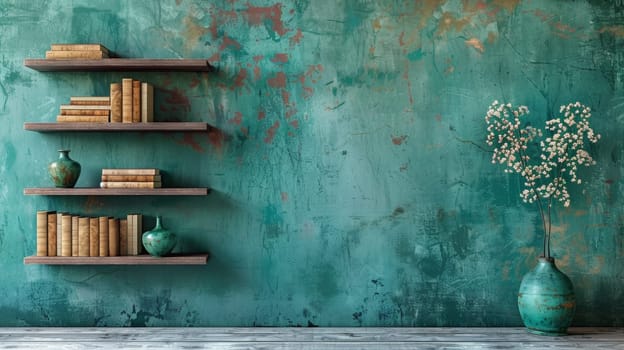 A wall with bookshelves and a vase on it in front of green walls