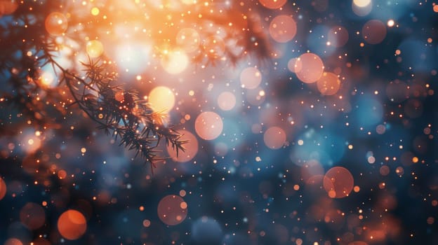 A close up of a tree branch with lights shining on it