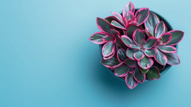 A small green and pink flower in a blue bowl on top of the table