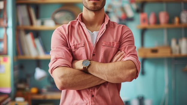 A man in a red shirt with his arms crossed standing next to shelves