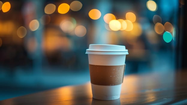 A coffee cup sitting on a table with lights in the background