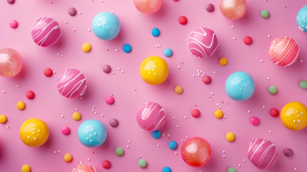 A pink background with many different colored candies and sprinkles