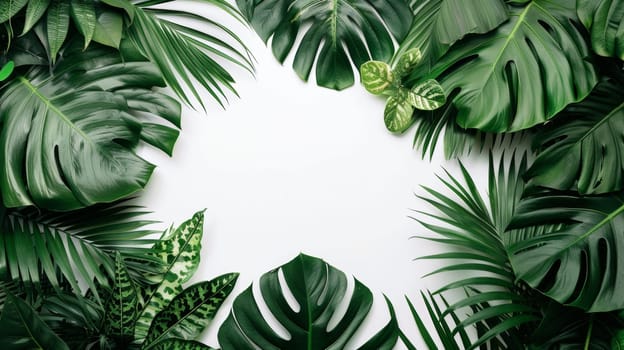 Tropical leaves and plants arranged in a circle