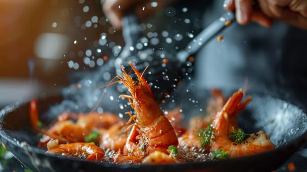 A close up of a person cooking shrimp in a pan