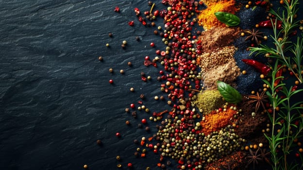 A close up of a variety of spices and herbs on black slate