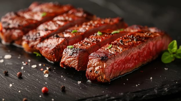 A close up of a steak on top of some black slate