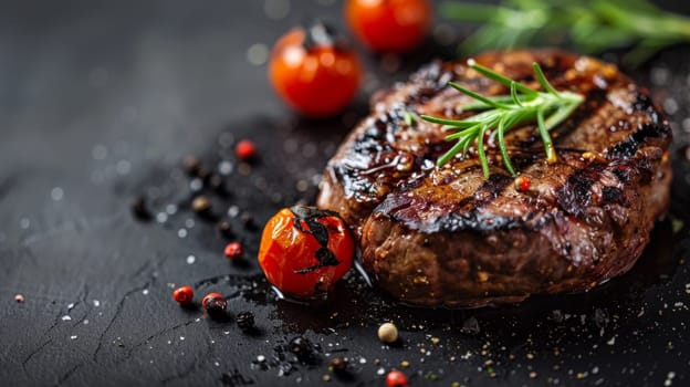 A close up of a steak with tomatoes and herbs on top