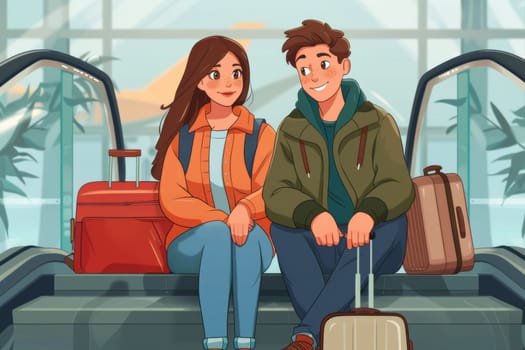 A cartoon couple sitting on a plane with luggage