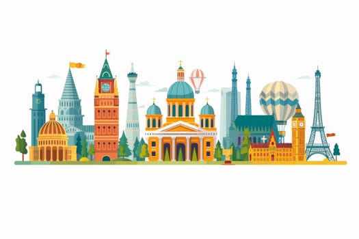 A colorful illustration of a city with buildings and landmarks