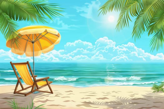 A beach scene with a yellow umbrella and chair under the sun