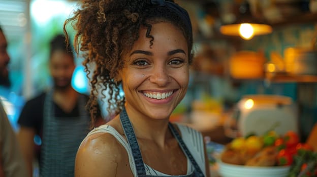A woman with curly hair is smiling and holding a bowl of food. She is surrounded by other people, including a man in a striped shirt. Scene is happy and friendly