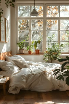 A cozy bedroom with a comfortable bed, plants, and a window providing natural light. The wood flooring and interior design fixtures add to the overall charm of the room