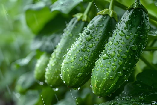 A terrestrial plant, cucumbers, thriving on a vine, flourish in the rain. This vegetable, a natural food, is a delicious produce from a flowering plant