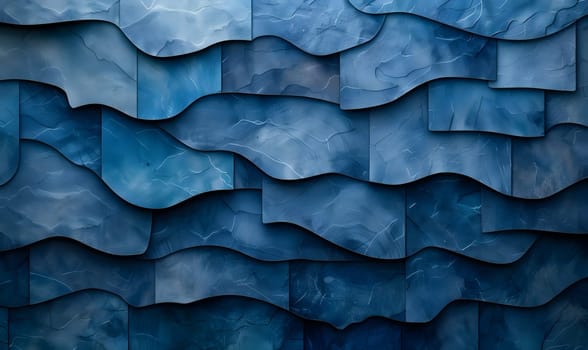 A closeup of a blue tile wall with wave patterns, resembling the movement of water. The electric blue tones contrast beautifully with the grey and aqua colors, creating a serene landscape