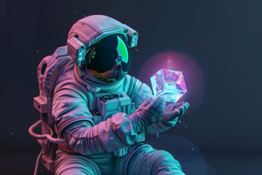 An astronaut holding a cubic artifact, Pop art concept, Generative AI.