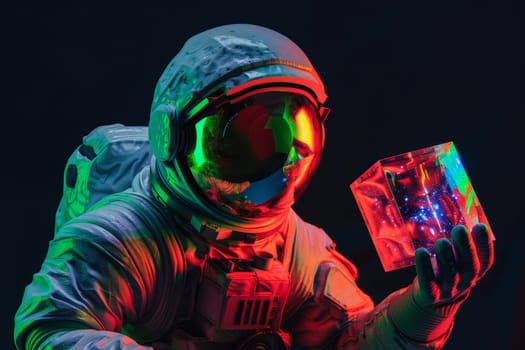 An astronaut holding a cubic artifact, Pop art concept, Generative AI.