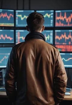 Side view of a young man in a jacket looking at the monitor with stock market data