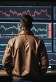 A man in a brown leather jacket with rolledup sleeves is viewing a computer screen. He looks official and fashionable, ready for a formal event or entertainment