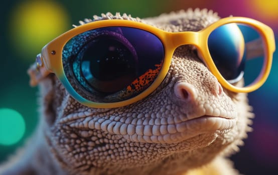 Close up of a colorful chameleon wearing sunglasses on colorful background.