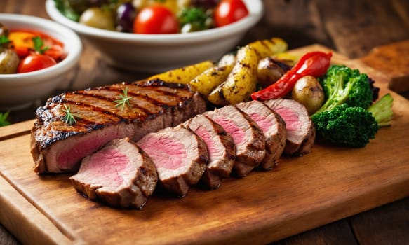 An appetizing plate of sliced meat, corn on the cob, vegetables, salad and rice served alfresco, with a cozy fire in the background.