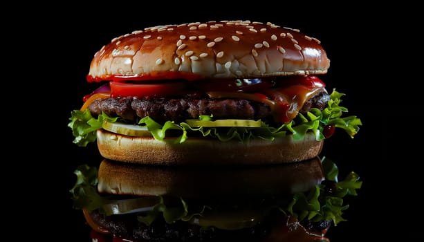 Fresh tasty burger on black background. Shallow dof