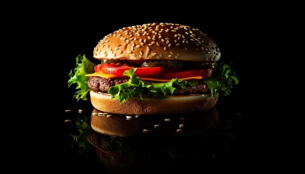 Fresh tasty burger on black background. Shallow dof