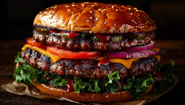 Fresh tasty burger on black background. Shallow dof