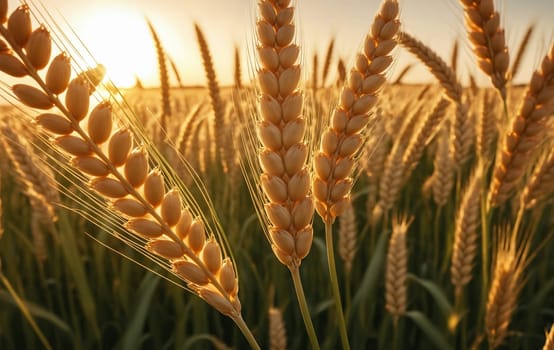 Wheat ears in the field at sunset. Close-up