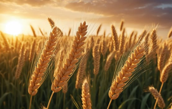 Wheat field. Ears of golden wheat close-up. Beautiful Nature Sunset Landscape