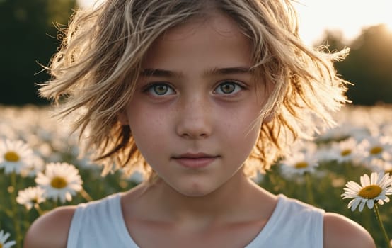 Portrait of a little girl in daisies field at sunset.