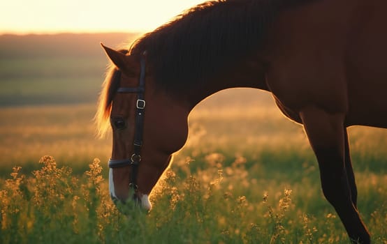 Beautiful horse grazing in meadow at sunset, closeup view.