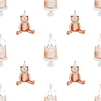 Birthday pattern. Watercolor seamless illustration of cute bear and cake. For the design of gift wrapping and decoration of birthday items. High quality illustration