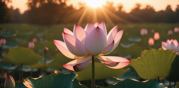 Beautiful lotus flower blooming in the pond at sunset