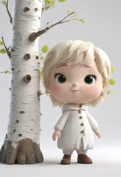 A happy little girl with bangs is standing next to a birch tree, holding a doll toy in her hand. She gazes at the tree with twinkling eyes, admiring its trunk and twisting twigs