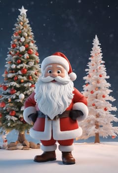 Santa Claus, with his white beard and red suit, stands in the snow under the skys light, next to a beautiful Christmas tree, ready for the holiday event